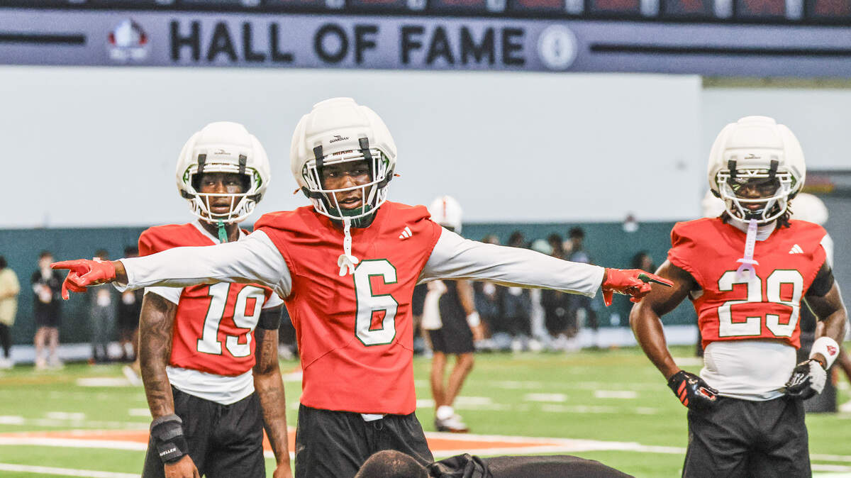 Miami Hurricanes defensive back Xavier Lucas (6) gestures during practice at the Carol Soffer Indoor Practice Facility on the University of Miami campus in Coral Gables, Florida, on Thursday, March 26, 2026. Miami Hurricanes defensive back Xavier Lucas (6) gestures during practice at the Carol Soffer Indoor Practice Facility on the University of Miami campus in Coral Gables, Florida, on Thursday, March 26, 2026.